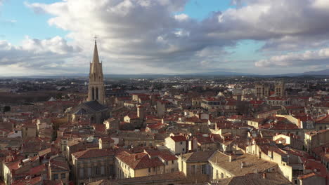 Golden-hour-Montpellier-Ecusson-aerial-drone-view-over-roofs